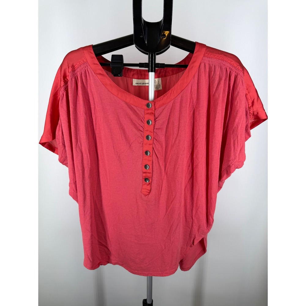 DKNY Jeans Womens Coral Pink Mixed Media Henley Short Sleeve Blouse Top L